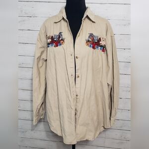 Women's Vntg Casual Beige Corduroy Shirt Embroidered Cats Made In USA